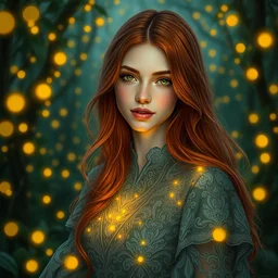 lovely woman, serene smile surrounded by golden firefly lights, amidst nature fully covered by a intricate detailed dress, long red hair, precise linework, accurate green eyes, small nose with freckles, smooth oval shape face, empathic, expressive emotions, nocturnal spiritual scene, hyper realistic ultrafine art by artemisia gentileschi, jessica rossier, boris vallejo