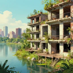 a beautiful very detailed illustration of patios and deck unfinished building industrial architecture abandoned city urbex nature by wes anderson, bladerunner 2 0 4 9 lake, archdaily, wallpaper, highly detailed, trending on artstation.