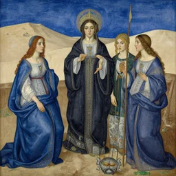 most beautiful stabat mater, silk brethren, azure milieu of desert of reality, in the style of william blake, terese nielsen, detailed, intricate, beautiful faces, steve argyle, pastoral fantastic reality
