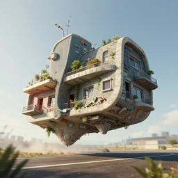 Simón Staalhag Style, flying house Modernist architecture, in a race competition, realistic, Many Details, Ultra Detailed, Octane Render, Real Engine 5 Cinematic, Realistic, Intricate Detail, Finely Detailed, Small Details, Extra Detail More details, tiny details, high resolution, 3D, PBR, path tracing, volumetric lighting, octane render, Arnold Render, 8k
