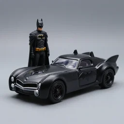 3 5 mm photo of tim burton inspired black batmobile batman car like hot wheels model with new york city as background