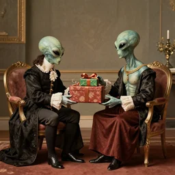 a photo from the early 1700s of aliens visiting George III, presenting gifts to each other