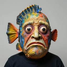 photographic portrait of a wrinkly sad colorful anglerfish puppet face, by max ernst and alfred pellan