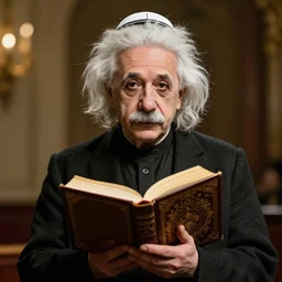 photo realistic, high quality, alert einstein at the kotel wearing a kippah and holding a siddur prayer book preparing for evening prayers