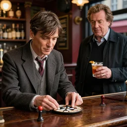 Cillian Murphy playing shove ha'penny in a backstreet bar in Dublin. Don Johnson is watching with a cocktail in his hand