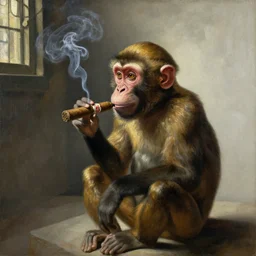 Monkey smoking!!!!!!!! a Cuban cigar, oil on canvas, by Johannes Vermeer