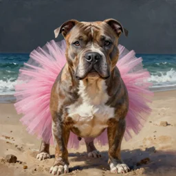 a photorealistic highly detailed painting of pitbull wearing a tutu at the beach by johfra bosschart, lisa frank, kinkade, visionary art, dark fantasy art, high detail, trending on artstation