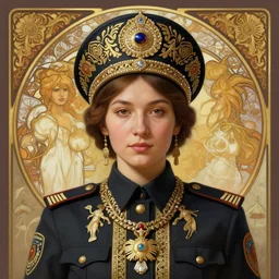 a portrait of a female cop, upper half portrait, decorated with russian motifs, russian shaman, siberia, traditional russia, intricate, elegant, highly detailed, symmetry, headpiece, digital painting, artstation concept art smooth sharp focus, illustration, art by artgerm and greg rutkowski alphonse mucha 8 k
