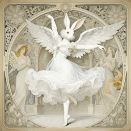 white bunny, intricate, elegant, magical, powerful, dancing, art nouveau, baroque style, white dress, angelic, enchanted, art by art by artgerm and greg rutkowski and ruan jia and peter polach