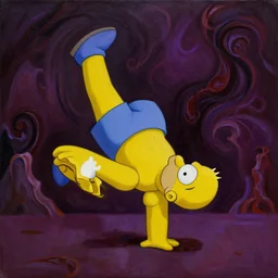 a painting in the style of my dark beautiful twisted fantasy about homer simpson breakdancing, high quality
