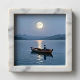 A beautiful small boat alone on a lake at twilight with calm waters, the moon shines from above causing light ripples in the water. A small and calm traveller sits in the boat, at peace with himself and the world. A digital art piece designed to spreader unending tranquility. Tranquil dreams of tepid water, a moment frozen in time. Trending on art station, an award winning masterpiece. Art piece held within a marble. Miniature marble art. This marble art is mesmerising.