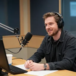 a werewolf podcasting in a radio station, jamie hewlett style