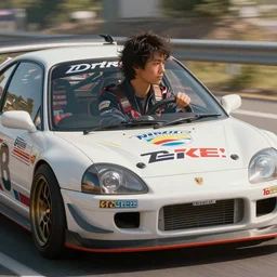 man driving a import japanese car in the style of Initial D