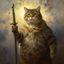 oversized cat as hunter with weapon, strong sun backlight sunrays  body , extreme very textured detailed portrait oil painting by rembrandt,   dramatic clouds and  atmosphere