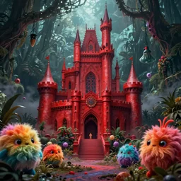 of a beautiful red Hyperrealistic Giger tall royal castle in the middle of a dark scary smokey surreal jungle, creepy cute rainbow fluffy creatures, macro lens, shallow depth of field, highly detailed, digital painting, trending artstation, concept art, vibrant colors, illustration, cinematic lighting, vibrant colors, photorealism, epic, octane render