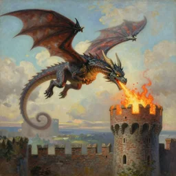 classic oil painting, a flying medieval fantasy dragon, as a dnd character, that is breathing fire upon a brick castle tower, art by brothers hildebrandt, in the style of studio ghibli, intricately detailed, comfy, dreamlike, ethereal, high - readability, extremely immersive, sharp focus