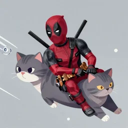 illustration of deadpool riding  on cat's back in space, trending on artstation