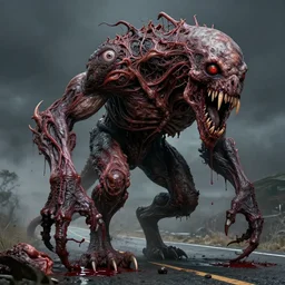 Giant fanged limb monster walks in the road. Drops of blood, meat with veins, mouths, eyes. Dark colors, high detail, hyperrealism, horror art, intricate details, masterpiece, biopunk, body-horror, art by Ayami Kojima, Beksinski, Giger