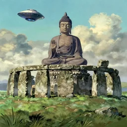 movie still from studio ghibli movie showing a highly detailed landscape with a giant buddha meditating on top of stonehenge. a ufo is in the sky. 1 9 8 0's science fiction, 1 9 7 0's science fiction, misty, depth perception, 4 k