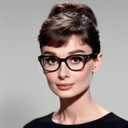 a color studio portrait of Audrey Hepburn wearing glasses, f/1.4, 90mm, extraodinary masterpiece!!!!!!