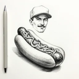 black ink liner pen sketch of a hotdog man, realistic style by gnomon and marvel, gnomon, boris vallejo, gnomon, high quality paper, gnomon