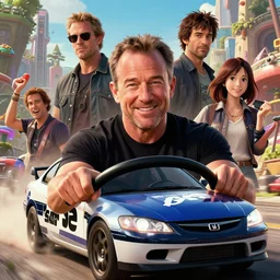 highly detailed cinematic portrait of robin williams driving a civic from the movie fast and furious, happy ambience, stephen bliss, unreal engine, fantasy art by greg rutkowski, loish, rhads, ferdinand knab, makoto shinkai and lois van baarle, ilya kuvshinov, rossdraws, tom bagshaw, global illumination, detailed and intricate environment