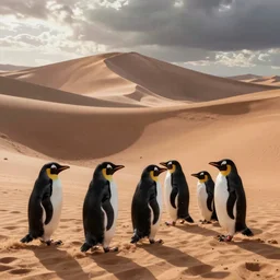 penguins on dune, cinematic shot