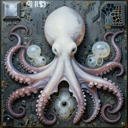 symmetrical surreal baroque painting detail of octopus squid tentacles reflective mirror motherboard chip circuit honeycomb beehive holes eyes embryos white xenomorph sorayama metallic spiky spine tentacles ribs teeth muscle tissue embryo white plastic translucent meat made of glass