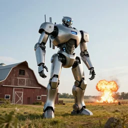 Amazing photorealistic digital concept art of a large bipedal guardian robot in a rural setting by a barn, by James Clyne and Joseph Cross. Cinematic. LED lighting. A bright billowing explosion in the distance. Wide angle. Clean lines. Balanced composition.