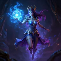 a powerful goddess woman floating with a glowing orb of blue power in her hand, trending on artstation, colourful, powerful, dark, mysterious, unreal engine 5