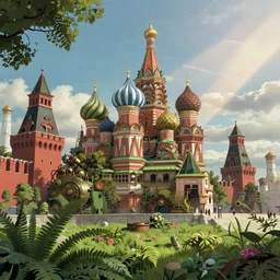 Moscow Kremlin, dystopian, steampunk style, Miyazaki tekkonkintreet Teikoku Shounen style, amazing Traditional Japanese style, machinery and wires, lush vegetation and ferns, sun rays, octane render, trending on artstation, hyper detailed, cinematic