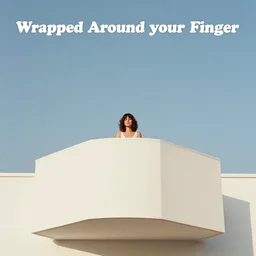 a still of a woman standing behind a huge square white balcony, outside view, clear sky, minimalist composition, color music video Wrapped Around your Finger (1983)