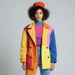 full frontal portrait of a post modern hybrid fashion model with an exuberant style from year 2 0 6 0, colorful, octane render, vray, detailed, halftoned, editorial illustration, matte print, grainy light, ( ( dither ) ), risograph, high contrast, screen print, grainy texture