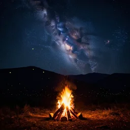 a campfire at night, fireflies flying around it, mountains in the background, stars, galaxies, photography, artstartion, 4 k, 8 k