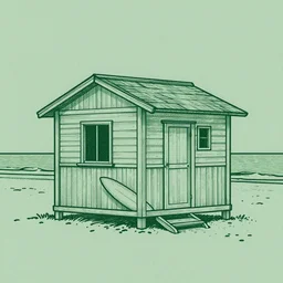 a line drawing illustration of a surfer's cabin at the beach. dark green lines and muted green paper. graphic design. vector style. hq. detailed. muted colors.