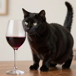 a photo of a real solid black cat drinking wine