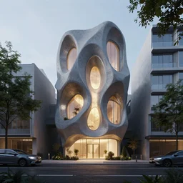 A beautiful architectural rendering of a trypophobic house with a mysterious glow emitting from inside in a modern city street, by octane render and corona render