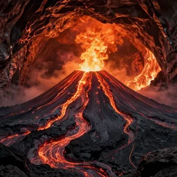 beautiful and hyperrealistic magma cave inside a volcano, hellhound-shaped areas, heat haze effects, Visual Novel key visual, award-winning digital art on Pixiv, trending on Artstation
