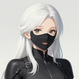 White haired woman, with black facemask, techwear, matte print, digital art, cute smile, beautiful eyes, digital painting, fan art, pixiv, elegant, Ilya Kuvshinov style, Studio Ghibli