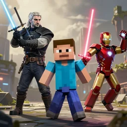 a photo of witcher 3, minecraft steve, light saber, iron man helmet, dancing