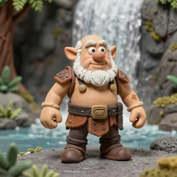 high - res photograph of a claymation sculpture action figure warrior dwarf, highly detailed sculpey diorama, forest setting, waterfall backdrop, smooth, sharp foccus, commercial product photography,