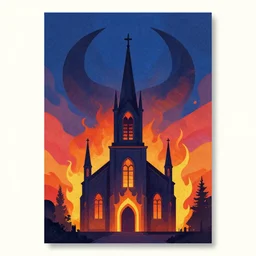 colourful minimalist poster art design of a burning church under a demon sky, abstract, textured