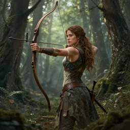 fantasy art of a female forest archer in the style of greg rutkowski, detailed, cinematic, poster