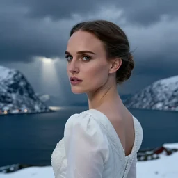 queen, norway fjord, close up portrait, natalie portman back turned, hudson river school, max rive, stormy seas, white royal dress, f 1 6, bokeh, gentle, female, snowy, storm clouds, god rays, close up portrait, d & d, fantasy, elegant, low key color palette, concept art, roger deakins and greg rutkowski and alphonse mucha