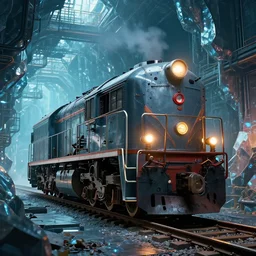 dieselpunk locomotive on railway through cyberpunk crystal industrial caverns ian mcque beeple noah bradley