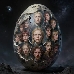 A very, very, very, very Cracked Cosmic Egg Full of People by Zdzisław Beksiński, eldritch, cosmic horror, concept by Alastair Reynolds, high quality, beautiful, detailed faces, ultra realistic