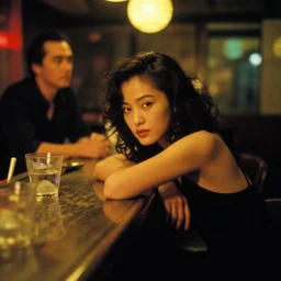 a girl leaning against the counter in a night club staring at the camera, photograph by Wong Kar-wai and Quentin Tarantino