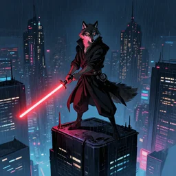 a anthropomorphic wolf in black jedi robes wielding a lightsaber with a red blade, standing on top of the tallest building in a cyberpunk city at night while it rains. Neon light. Renowned character illustration by greg rutkowski, thomas kindkade, alphonse mucha, loish, norman rockwell. Trending on Artstation.