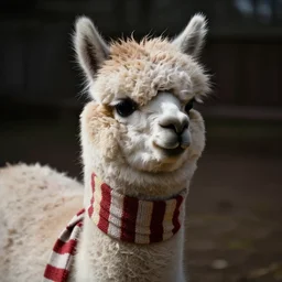 stock photography of a fluffy alpaca wearing a striped scarf, Zeiss 35mm photo, dramatic lighting