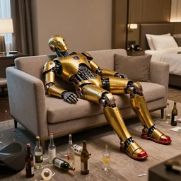 portrait photo of a shiny golden and red metallic futuristic steampunk humanoid robot sleeping on a sofa in a modern hotel room with empty bottles all over the floor, tilted furniture, messy, pressphoto, insanely detailed, wide shot